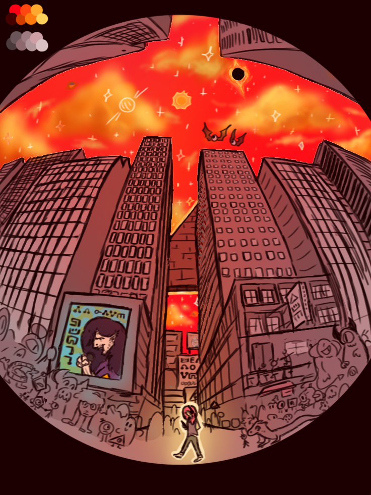 A digital drawing of a grey and crowded city. The crowds consist of various creatures and monsters, and most of the identifiable ones are two-dimensional shapes, like Bill Cipher from Gravity Falls. The sky above the city is red with yellow clouds, and is filled with stars and other celestial bodies, most notably a black hole. In the background, behind two buildings, part of a floating pyramid can be seen. The main focal point of the drawing is a human with pink hair, walking to the left while looking at their phone. The whole drawing is in fisheye perspective, and the main color pallete used can be seen in the top left corner.