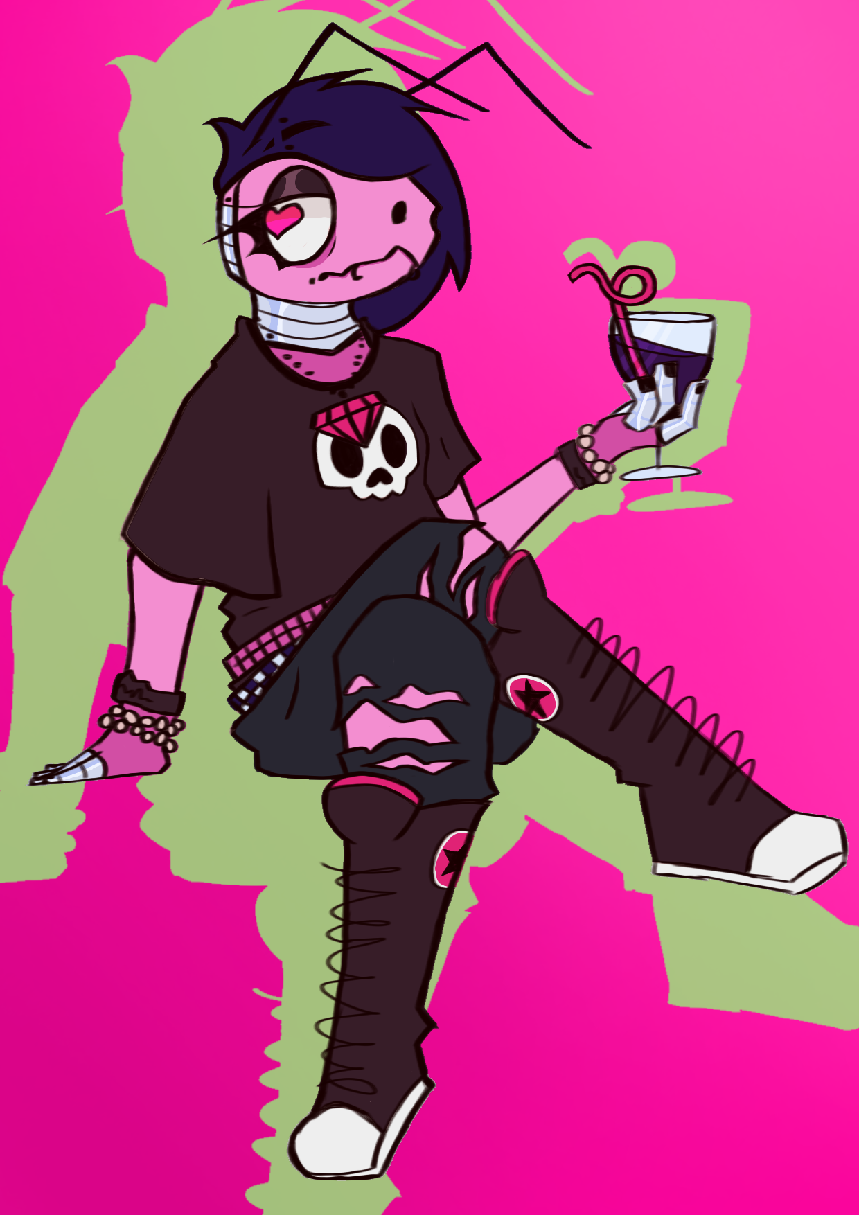 A full-body drawing of a buglike furry character sitting in a pink void with its legs crossed. In its left hand, it holds a wine glass with a pink silly straw. This character is robotic, and loosely based off of fireflies or lightning bugs, although it lacks any method of emitting light. It has black scene hair and heart-shaped pupils. Its outfit is also traditionally 'scene,' featuring a pink diamond symbol necklace, a skull t-shirt, and ripped jeans, along with a pair of knee-high Converse shoes. The character is wearing multiple bead bracelets (uncolored, because I, the artist and the person writing this text, forgot), and multiple silicone bracelets, colored black. A light green silhouette of the character is in the background, filling out any blank space left by where the character is not.
