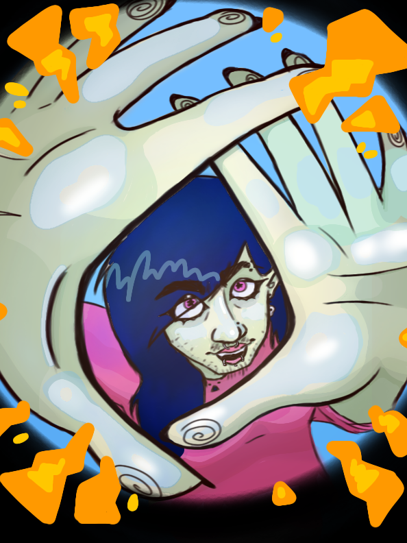 A fisheye perspective drawing of a man with long, dark blue hair. He has five barely visible peircings, three on his lower lip, one on his ear, and one on his eyebrow. He has a mustache and some vaguely grown out stubble, and his hair is styled to that of a scene girl, complete with the side part covering one eye. He is shown here sticking his hands out at the camera, showing his face in the space between his forefingers and thumbs. His hands take up most of the space in the image.